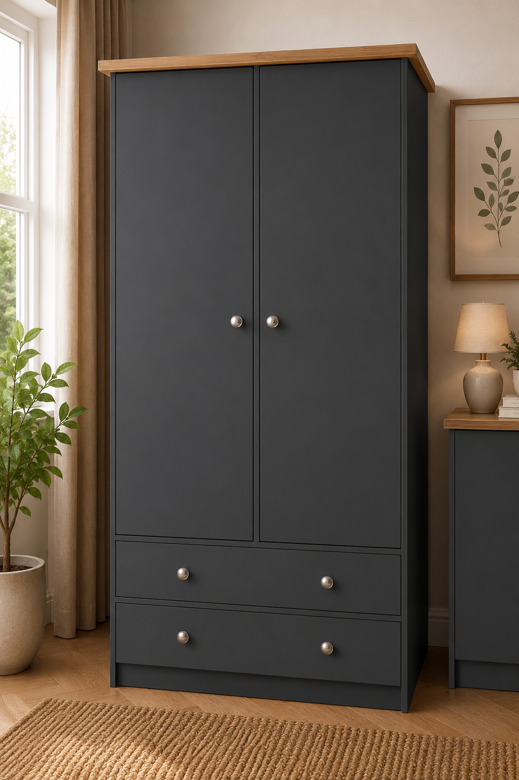 Millwood Charcoal Grey Two Door Two Drawer Wardrobe - Image 2
