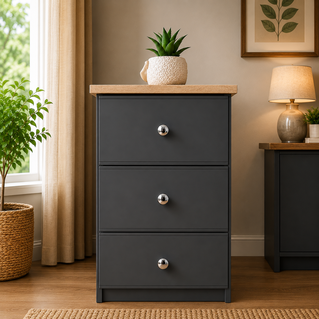 Millwood Charcoal Grey 3 Drawer Bedside Locker - Image 2