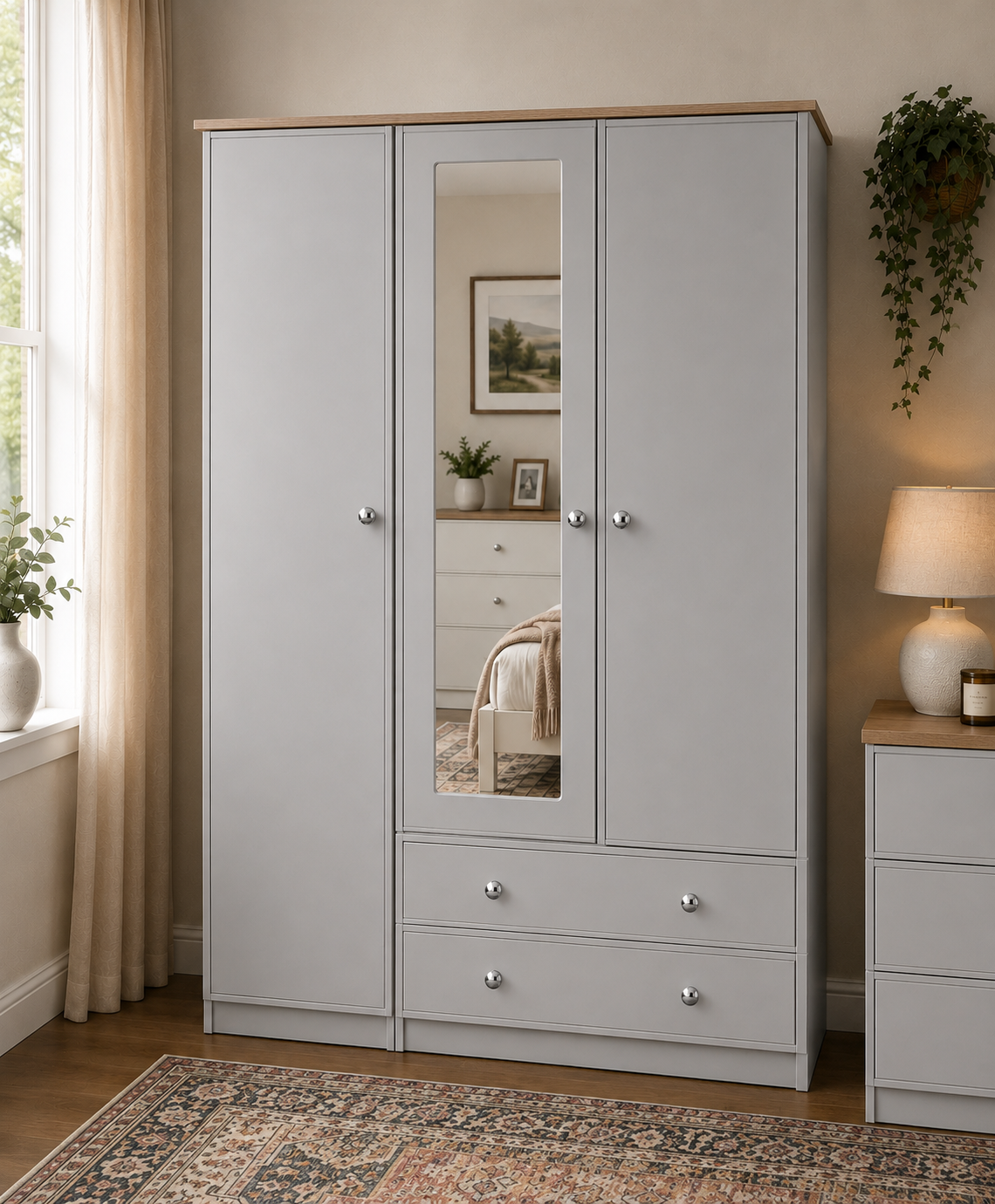 Millwood Light Grey Three Door Two Drawer Wardrobe - Image 2